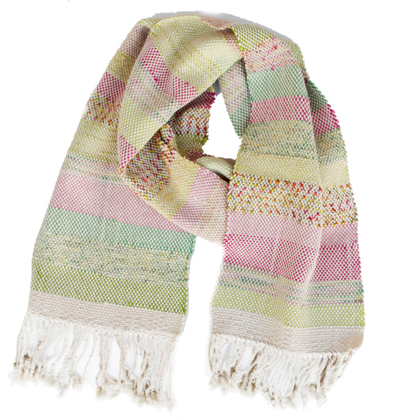Handwoven Scarf, "Vintage Pink and Green," 8.5" x 74"