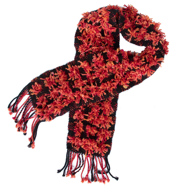 Handwoven and Deconstructed Scarf, "Fire Shag," 5 x 44 inches