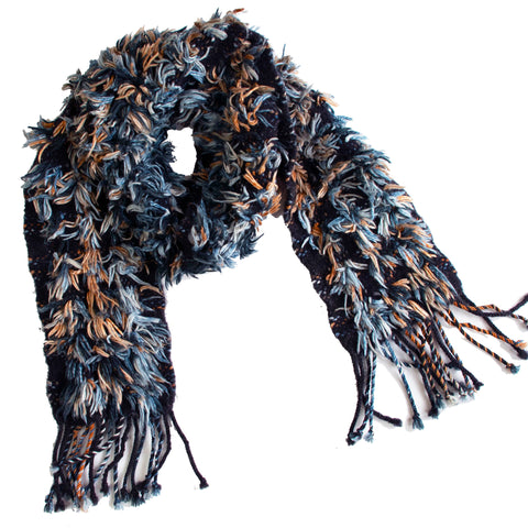 Handwoven and Deconstructed Scarf, "Denim Shag," 4.5 x 49 inches