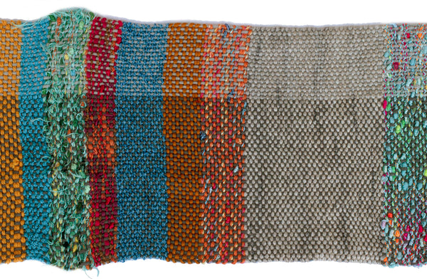 Handwoven Scarf, "Blue and Orange," 6.5" x 64"