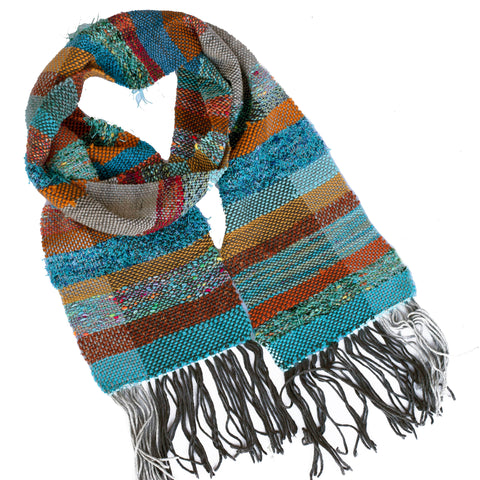 Handwoven Scarf, "Blue and Orange," 6.5" x 64"