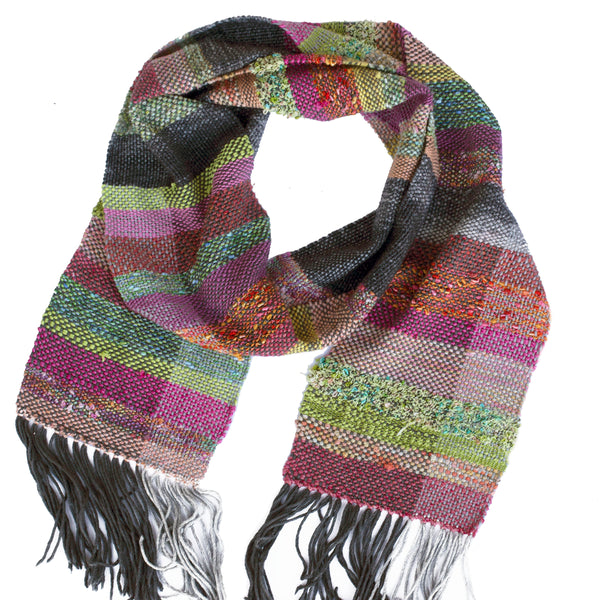 Handwoven Scarf, "Pink and Green," 6" x 64"