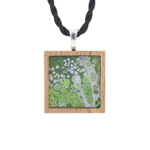 Art Necklace, green and purple painting in hardwood frame