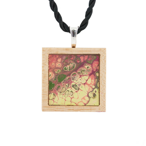 Art Necklace, yellow, pink, green painting in hardwood frame