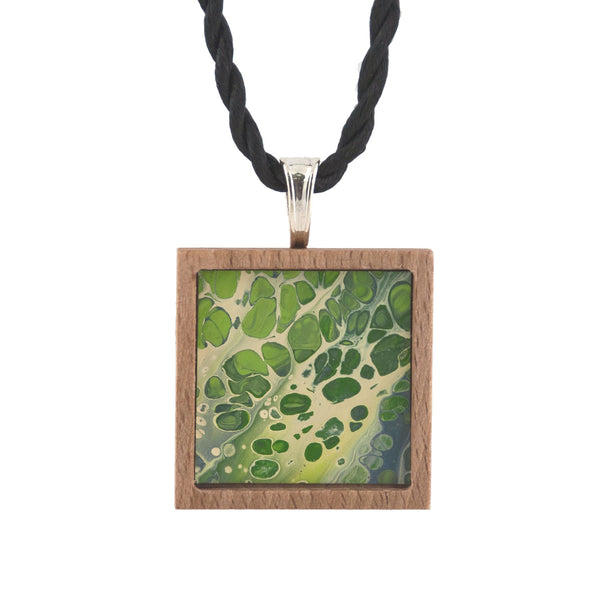Art Necklace, green and yellow painting in hardwood frame