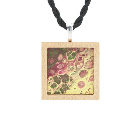 Art Necklace, olive, maroon, yellow painting in hardwood frame