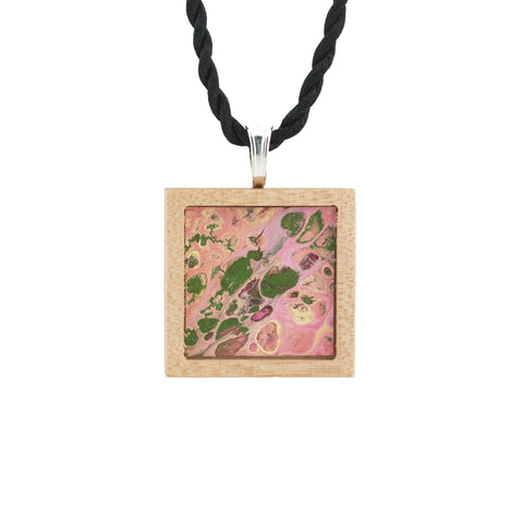 Art Necklace, olive, pink, yellow painting in hardwood frame