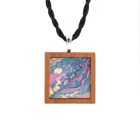 Art Necklace, turquoise and pink painting in hardwood frame
