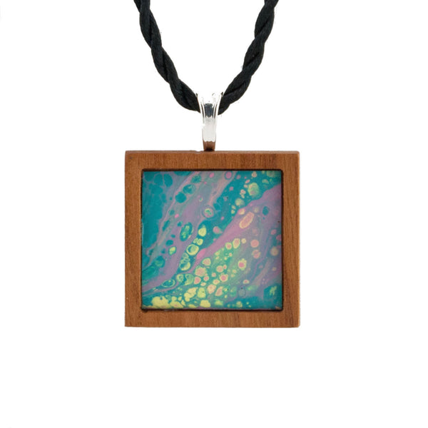 Art Necklace, teal and pink painting in hardwood frame