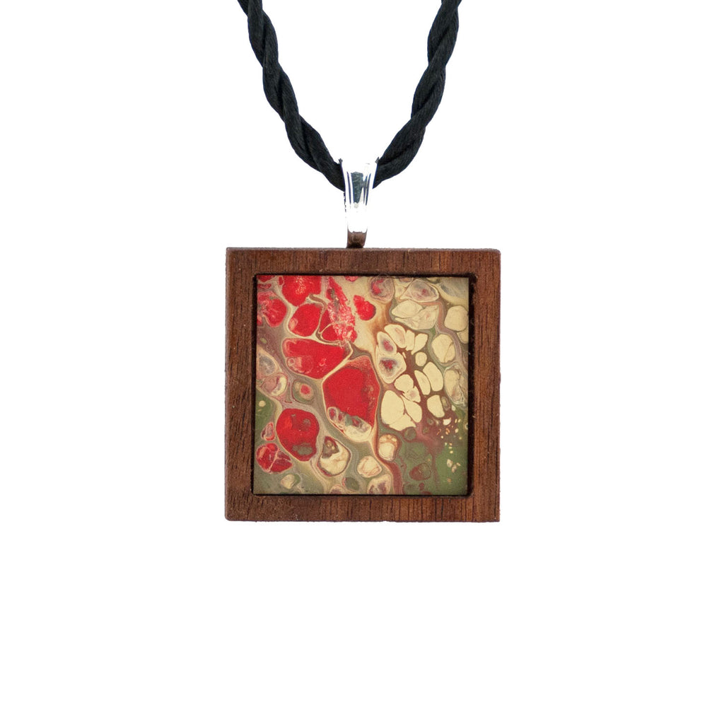 Art Necklace, red and olive painting in hardwood frame