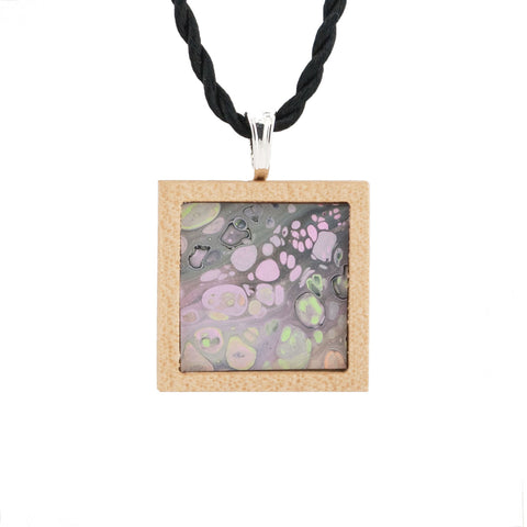 Art Necklace, gray, pink, green painting in hardwood frame