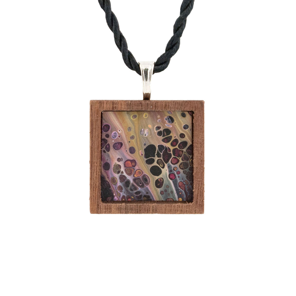 Art Necklace, black and earth tones painting in hardwood frame