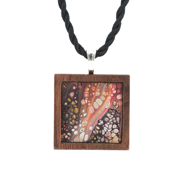 Art Necklace, black and earth tones painting in hardwood frame