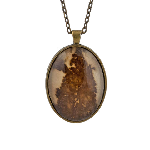 Leaf Print Necklace 34, glass cameo in vintage bronze setting