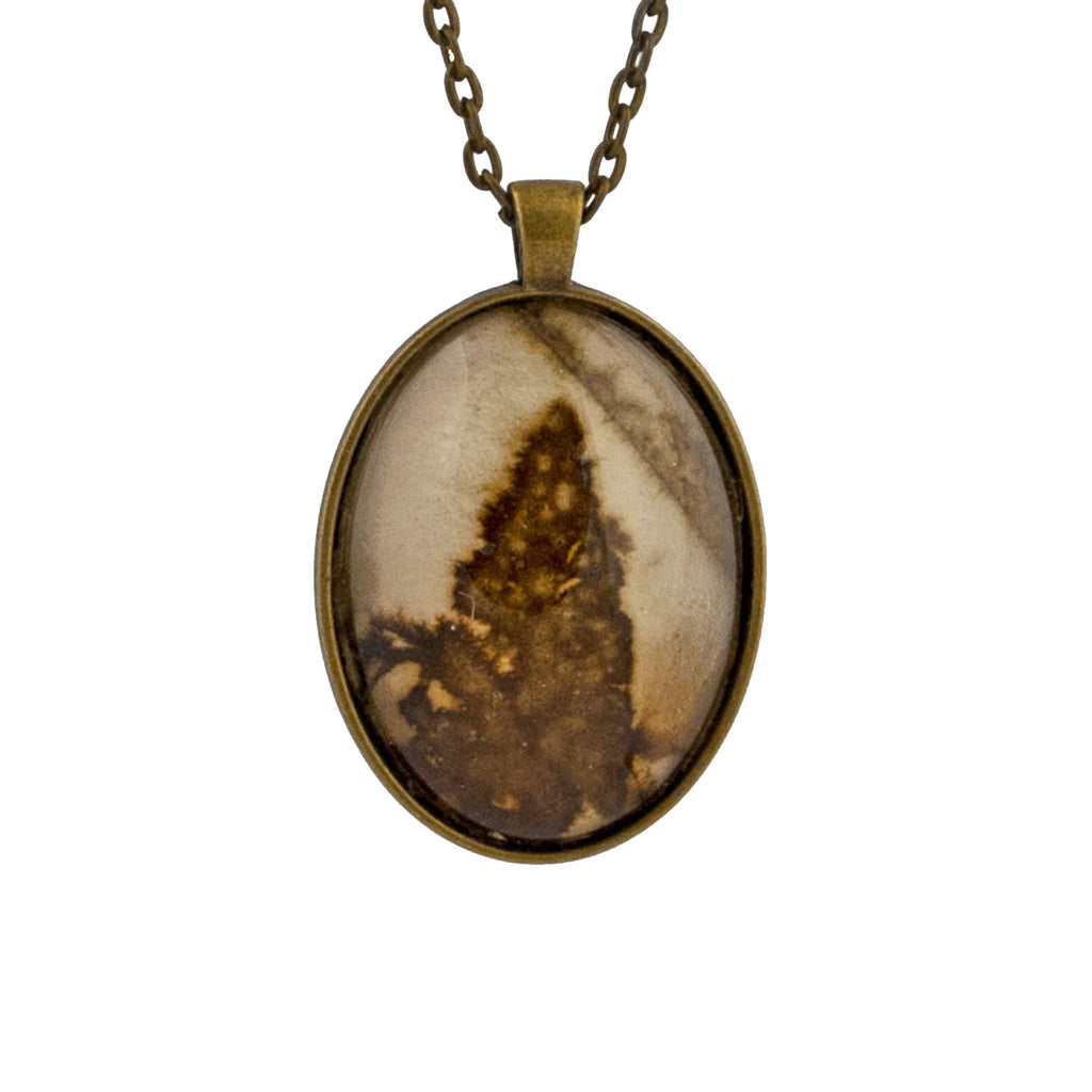 Leaf Print Necklace 35, glass cameo in vintage bronze setting