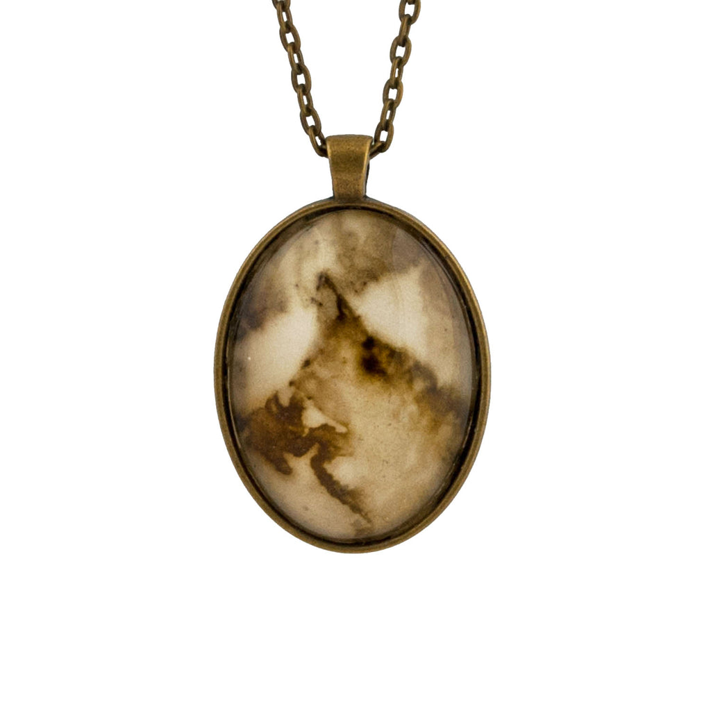 Leaf Print Necklace 36, glass cameo in vintage bronze setting