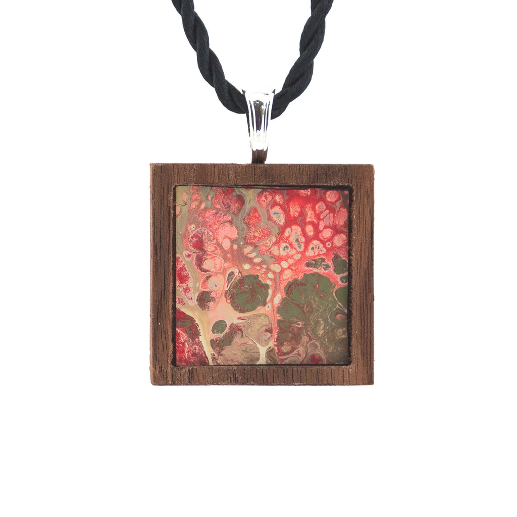 Art Necklace, red and green painting in hardwood frame