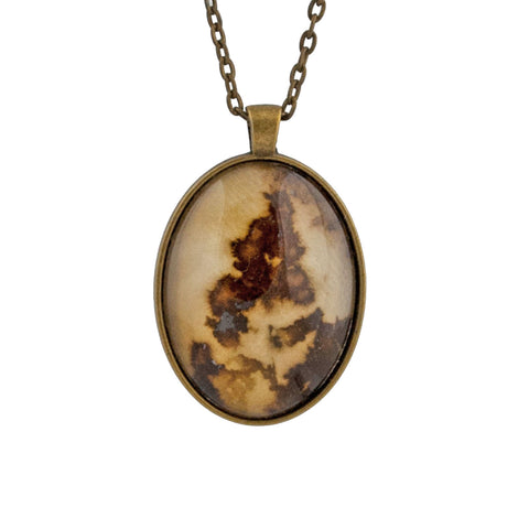 Leaf Print Necklace 40, glass cameo in vintage bronze setting
