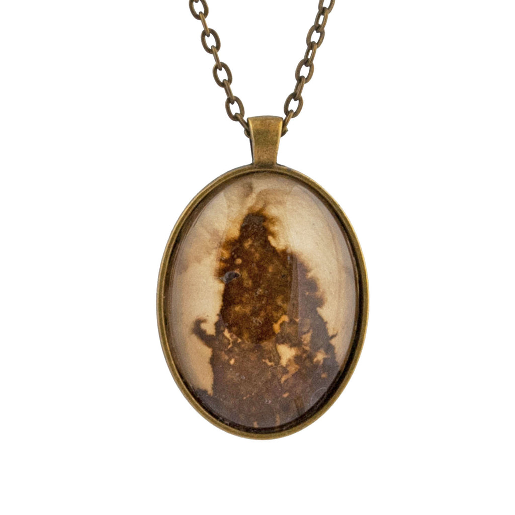 Leaf Print Necklace 42, glass cameo in vintage bronze setting