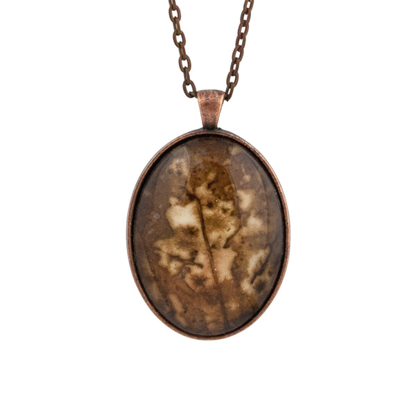 Leaf Print Necklace 43, glass cameo in antique copper setting
