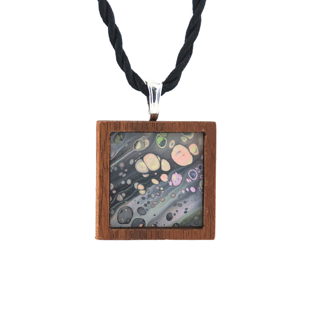 Art Necklace, gray and multi painting in hardwood frame
