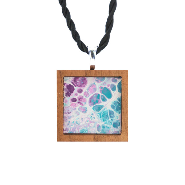 Art Necklace, turquoise and purple painting in hardwood frame