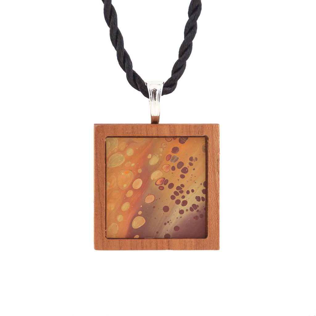 Art Necklace, orange and earth tones painting in hardwood frame