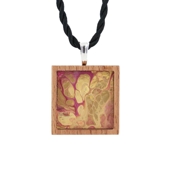 Art Necklace, gold and fuchsia painting in hardwood frame