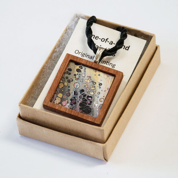 Art Necklace, gold and fuchsia painting in hardwood frame