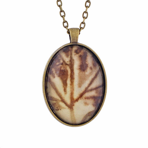 Leaf Print Necklace 14, glass cameo in vintage bronze setting