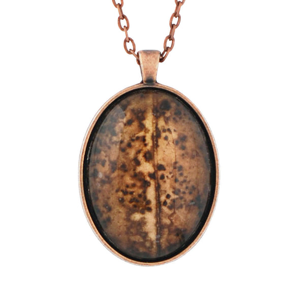 Leaf Print Necklace 19, glass cameo in antique copper setting