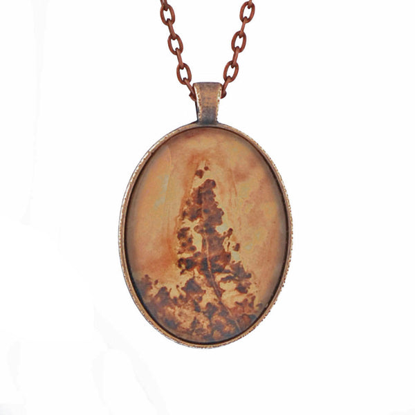 Leaf Print Necklace 25, glass cameo in antique copper setting