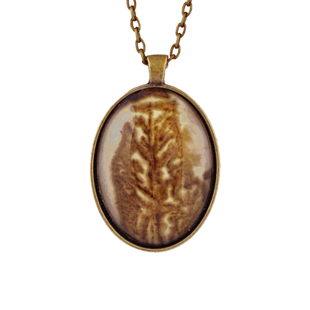 Leaf Print Necklace 26, glass cameo in vintage bronze setting