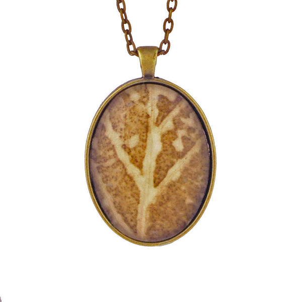 Leaf Print Necklace 28, glass cameo in vintage bronze setting