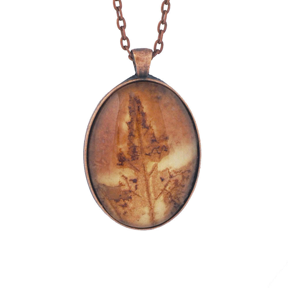 Leaf Print Necklace 31 glass cameo in antique copper setting