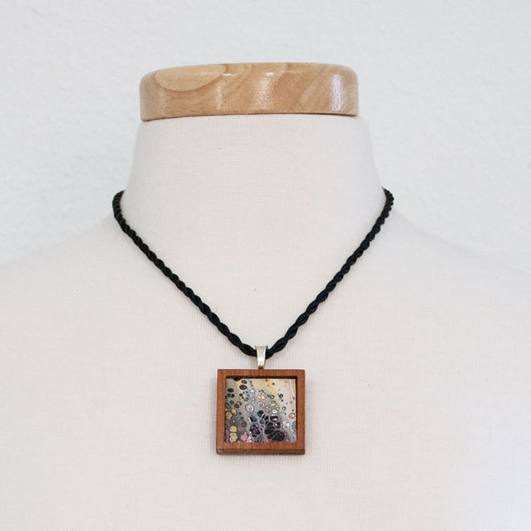 Art Necklace, gray, pink, green painting in hardwood frame