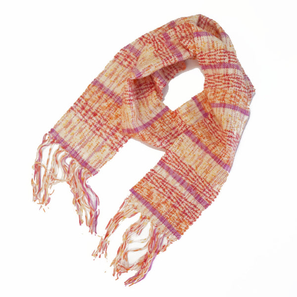Handwoven Scarf, cream, pink and orange cotton/wool, 5" x 65"