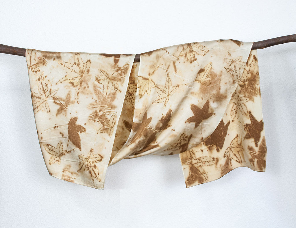 Liquidambar Leaf Print Silk Scarf, shiny charmeuse, 13" x 70"