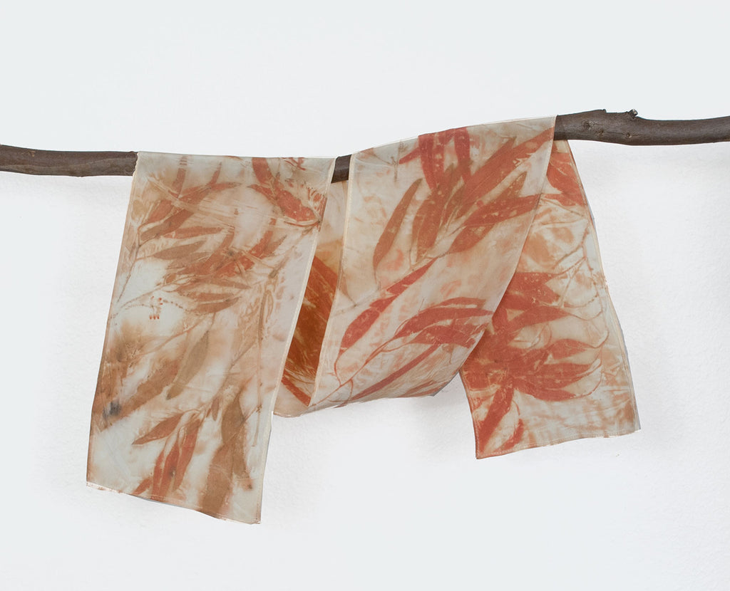 Eucalyptus Leaf Print Silk Scarf, matte crepe de chine, 8" x 50"