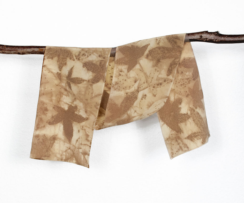 Liquidambar Leaf Print Silk Scarf, matte crepe de chine, 8" x 50"